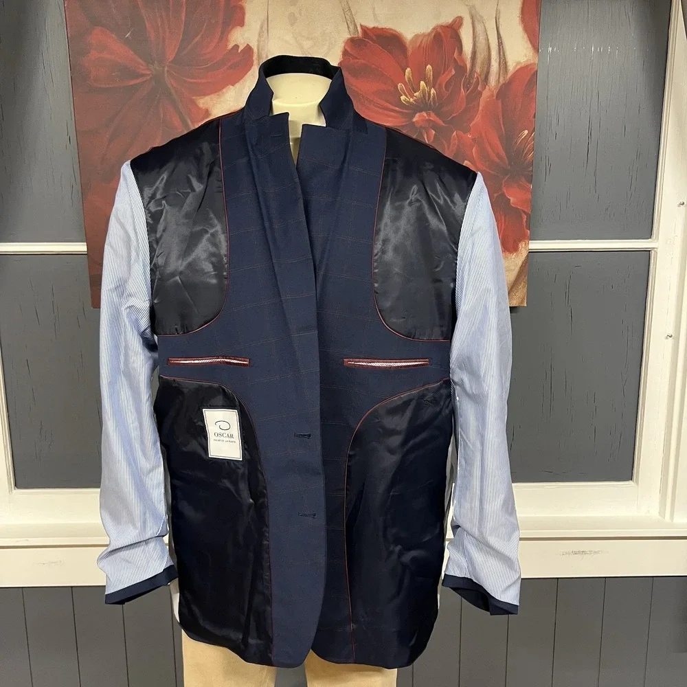 Oscar De La Renta Blazer Men 48R Classic Fit Polyester Blend Stretch Navy/Orange